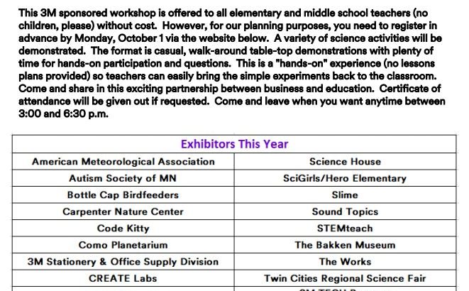 3M Visiting Wizards FREE Science Workshop Oct. 5 for Elementary and Middle School Teachers